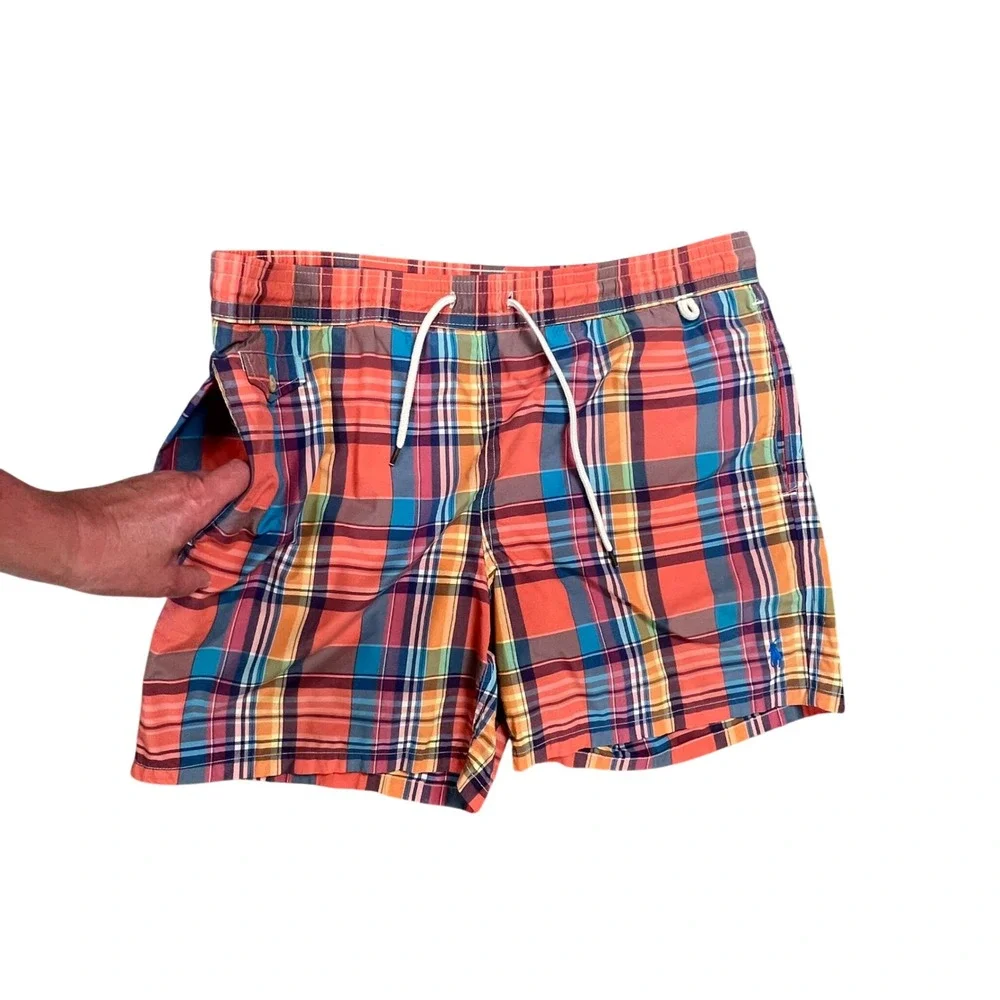 Polo Ralph Lauren Mens Madras Plaid Swim Trunks Multi Color Orange Blue Large